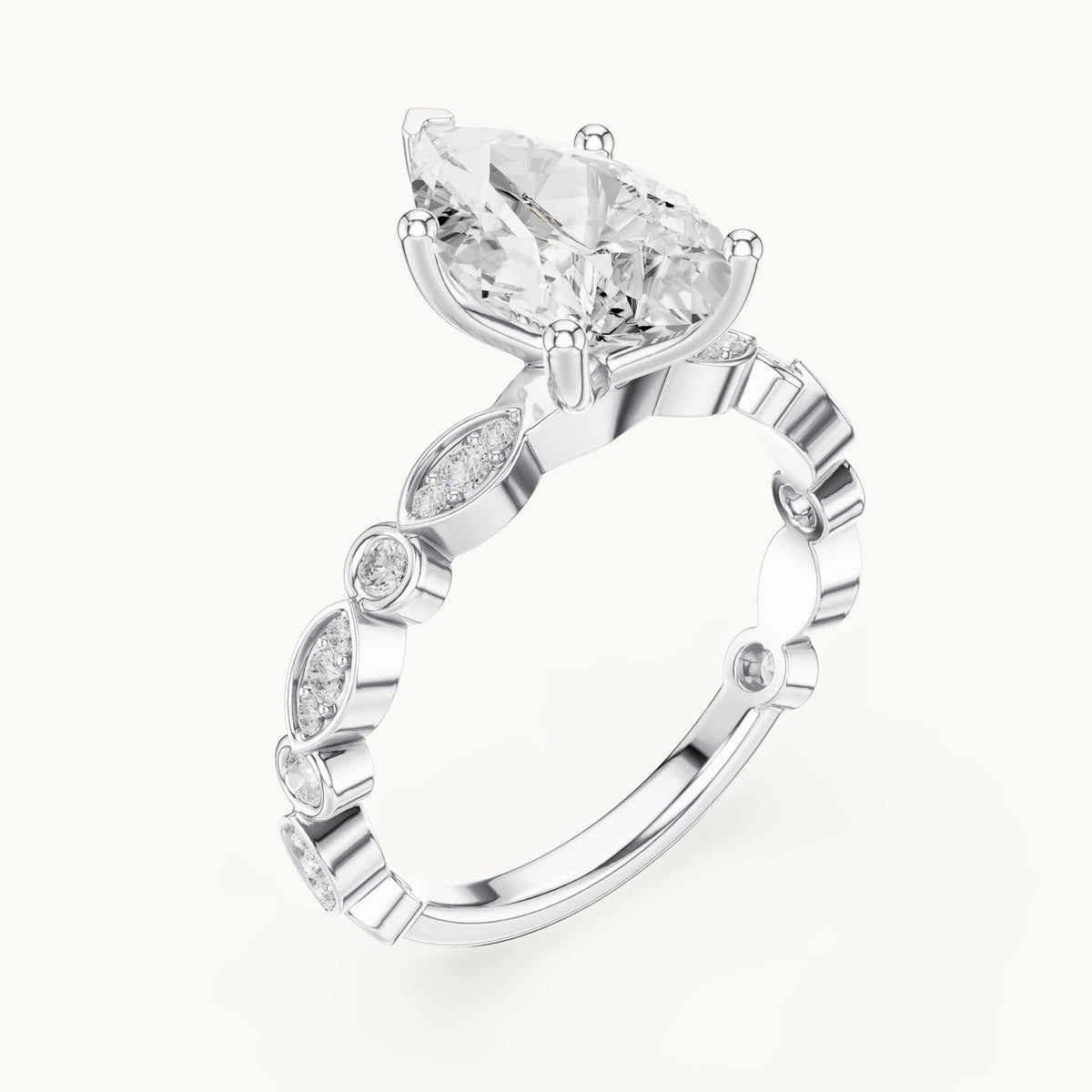 Pear and round lab-grown diamond engagement ring with bezel station band in white gold, 2.294 CT TW, view 2