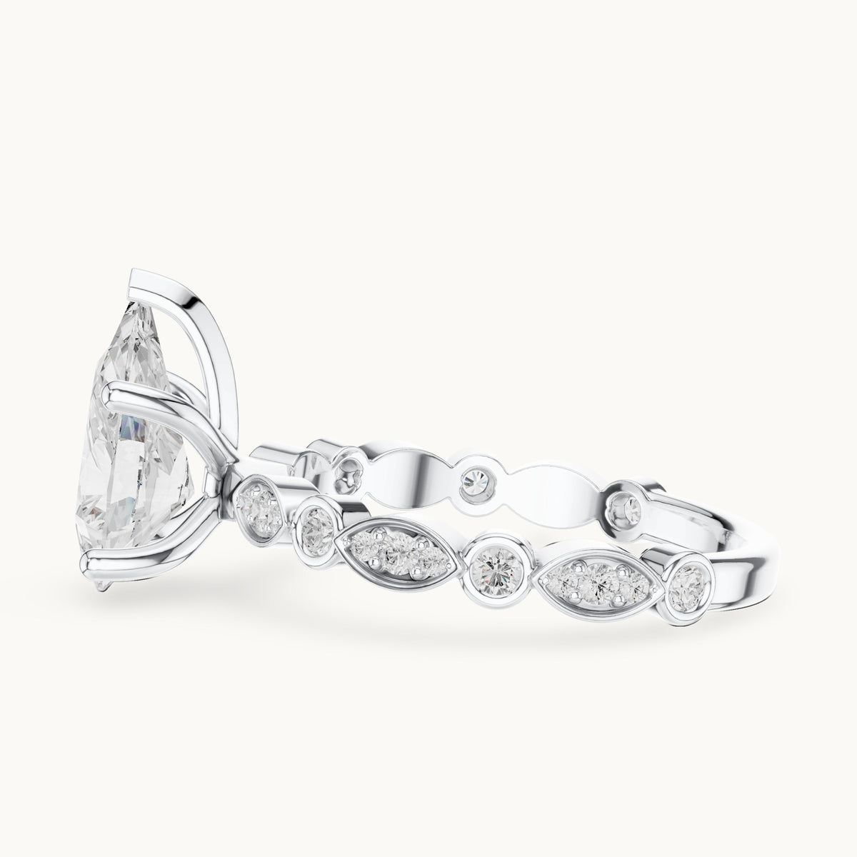 Pear and round lab-grown diamond engagement ring with bezel station band in white gold, 2.294 CT TW, view 3