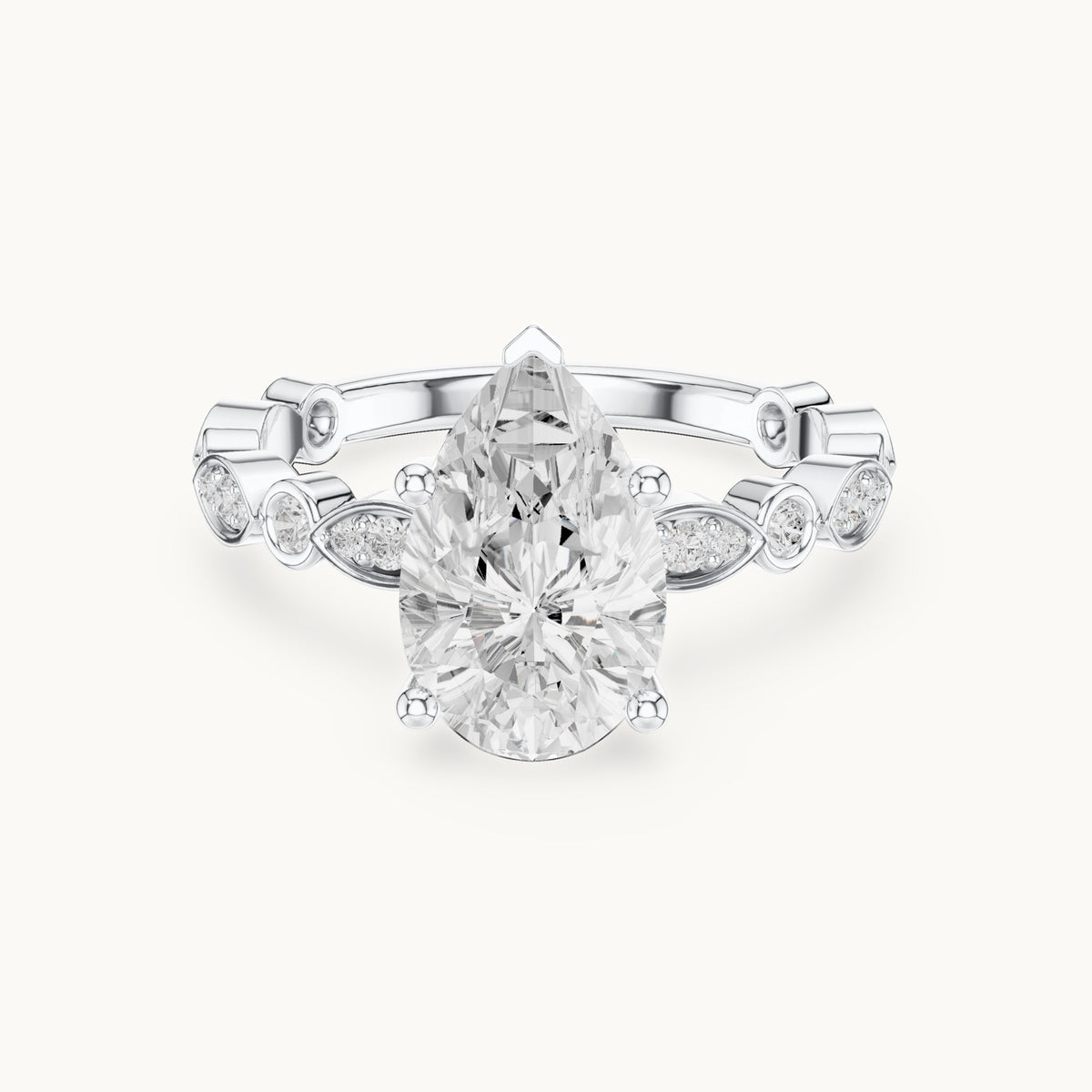 Pear and round lab-grown diamond engagement ring with bezel station band in white gold, 2.294 CT TW, view 4
