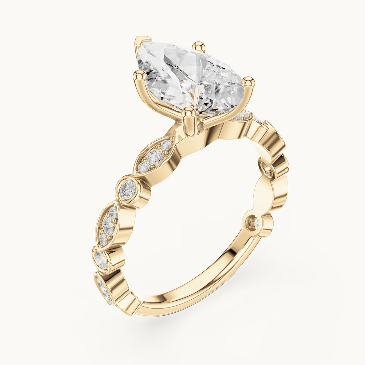 Pear and round lab-grown diamond engagement ring with bezel station band in yellow gold, 2.294 CT TW, view 2