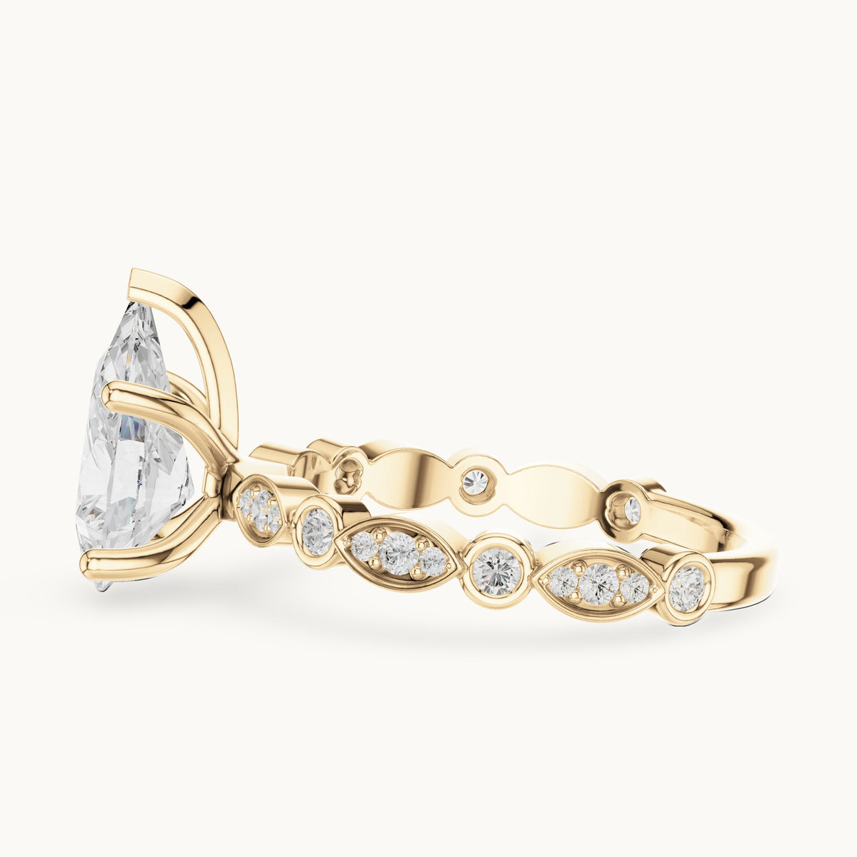 Pear and round lab-grown diamond engagement ring with bezel station band in yellow gold, 2.294 CT TW, view 3