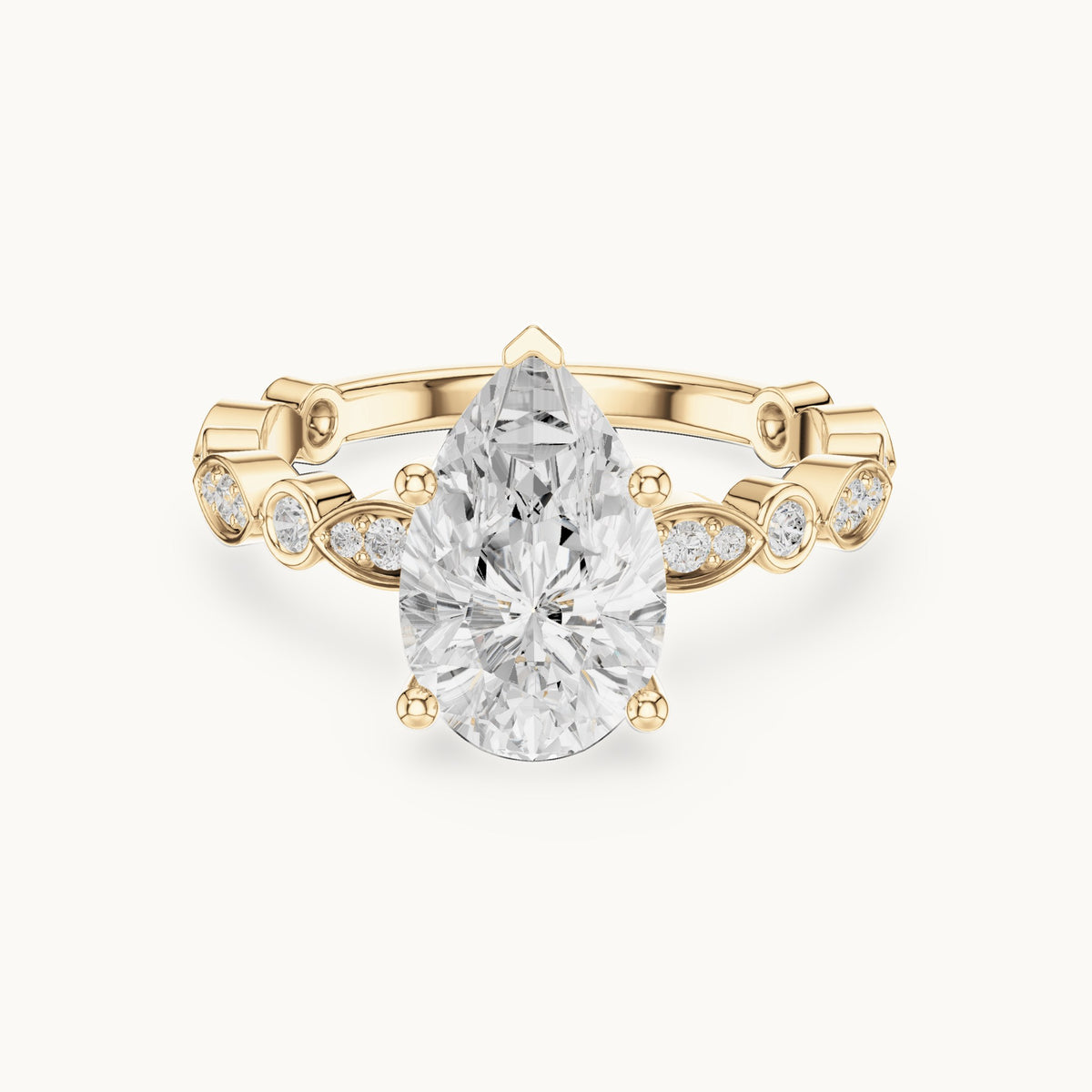 Pear and round lab-grown diamond engagement ring with bezel station band in yellow gold, 2.294 CT TW, view 4