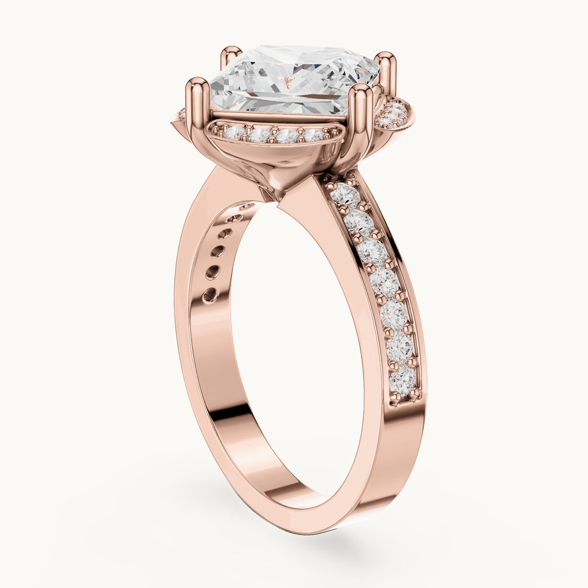 Princess-cut lab-grown diamond kite-set halo engagement ring with pavé band in rose gold, 2.40 CT TW, view 1