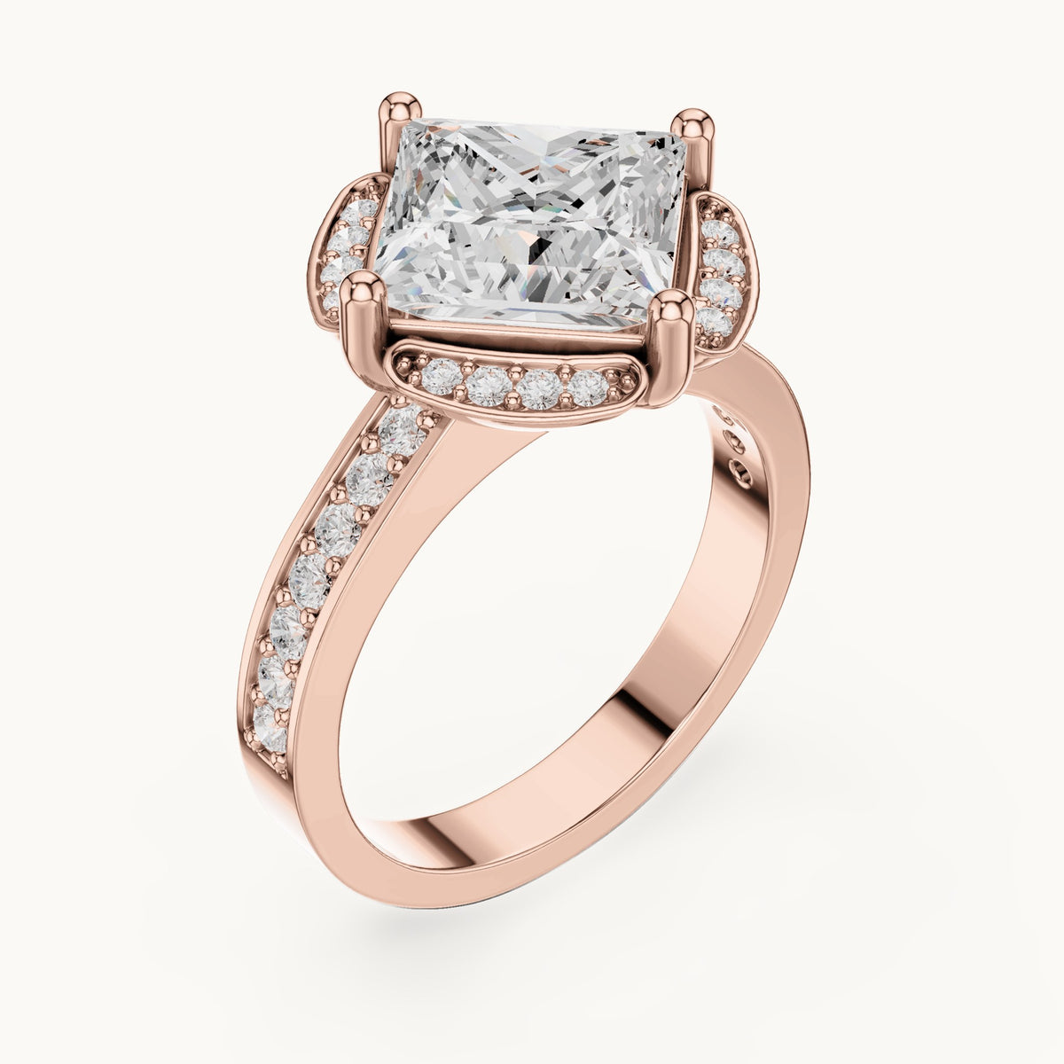 Princess-cut lab-grown diamond kite-set halo engagement ring with pavé band in rose gold, 2.40 CT TW, view 2