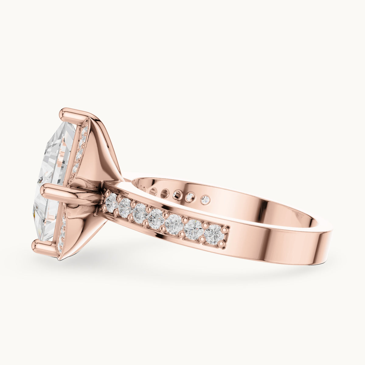 Princess-cut lab-grown diamond kite-set halo engagement ring with pavé band in rose gold, 2.40 CT TW, view 3