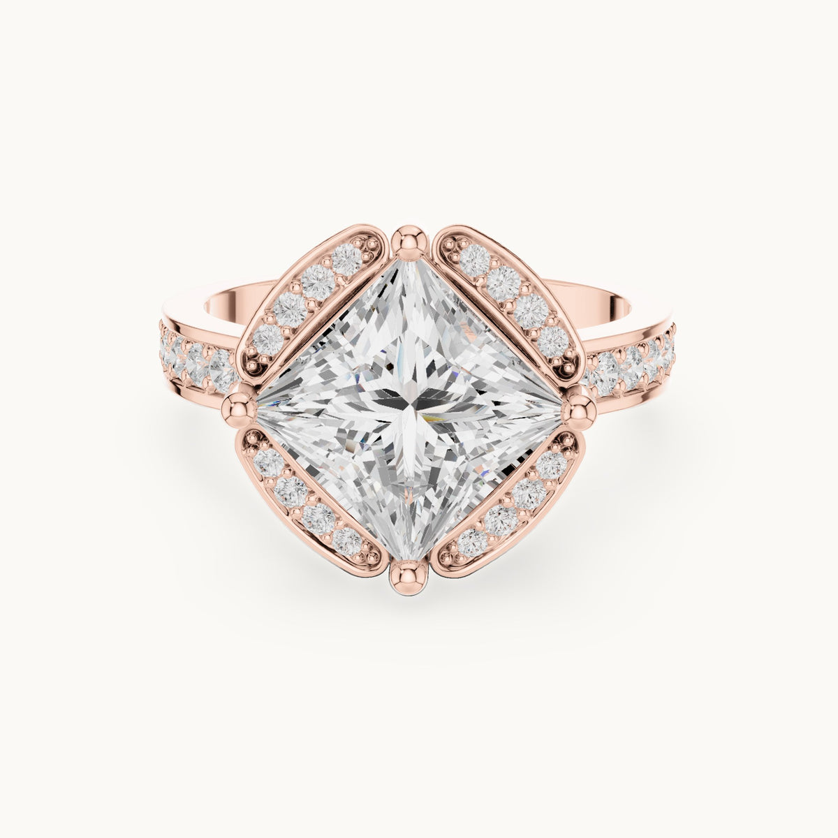 Princess-cut lab-grown diamond kite-set halo engagement ring with pavé band in rose gold, 2.40 CT TW, view 4