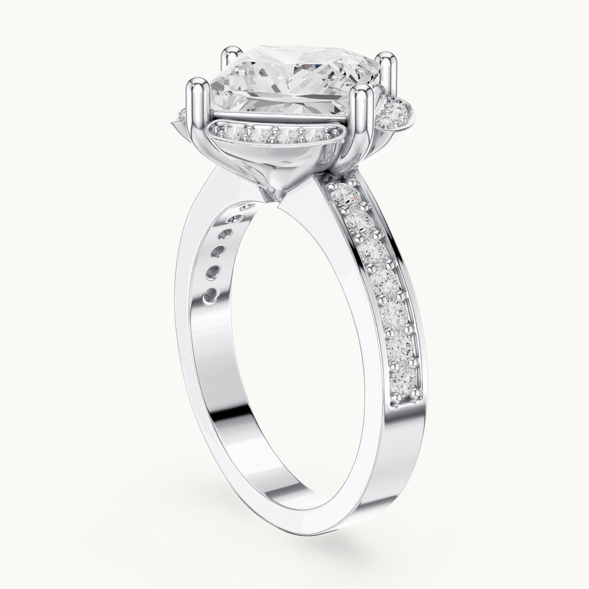 Princess-cut lab-grown diamond kite-set halo engagement ring with pavé band in white gold, 2.40 CT TW, view 1