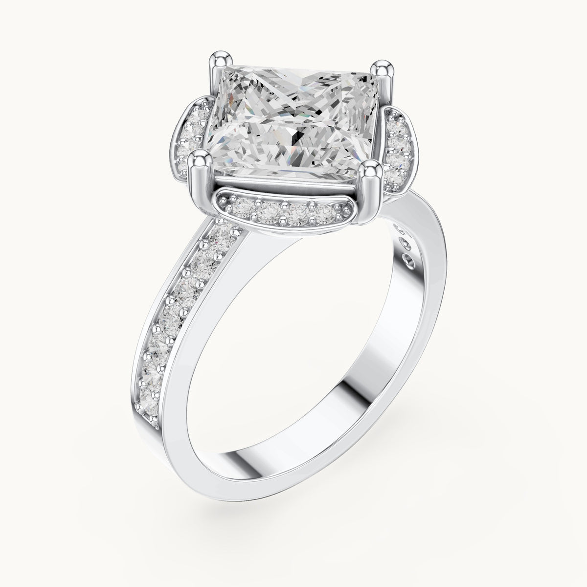 Princess-cut lab-grown diamond kite-set halo engagement ring with pavé band in white gold, 2.40 CT TW, view 2