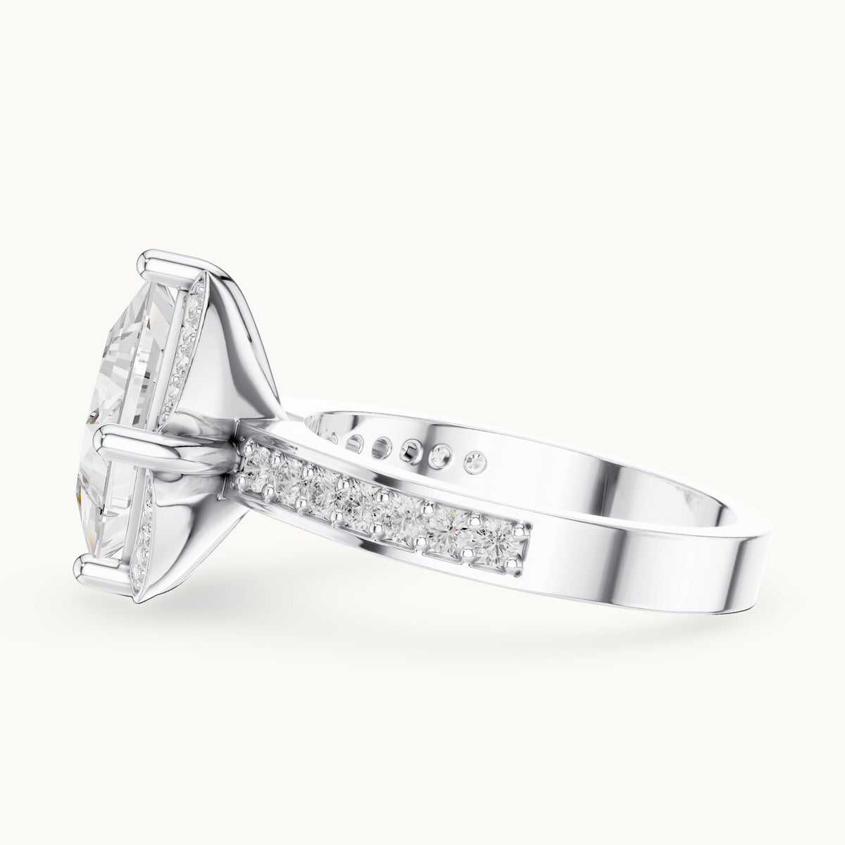 Princess-cut lab-grown diamond kite-set halo engagement ring with pavé band in white gold, 2.40 CT TW, view 3