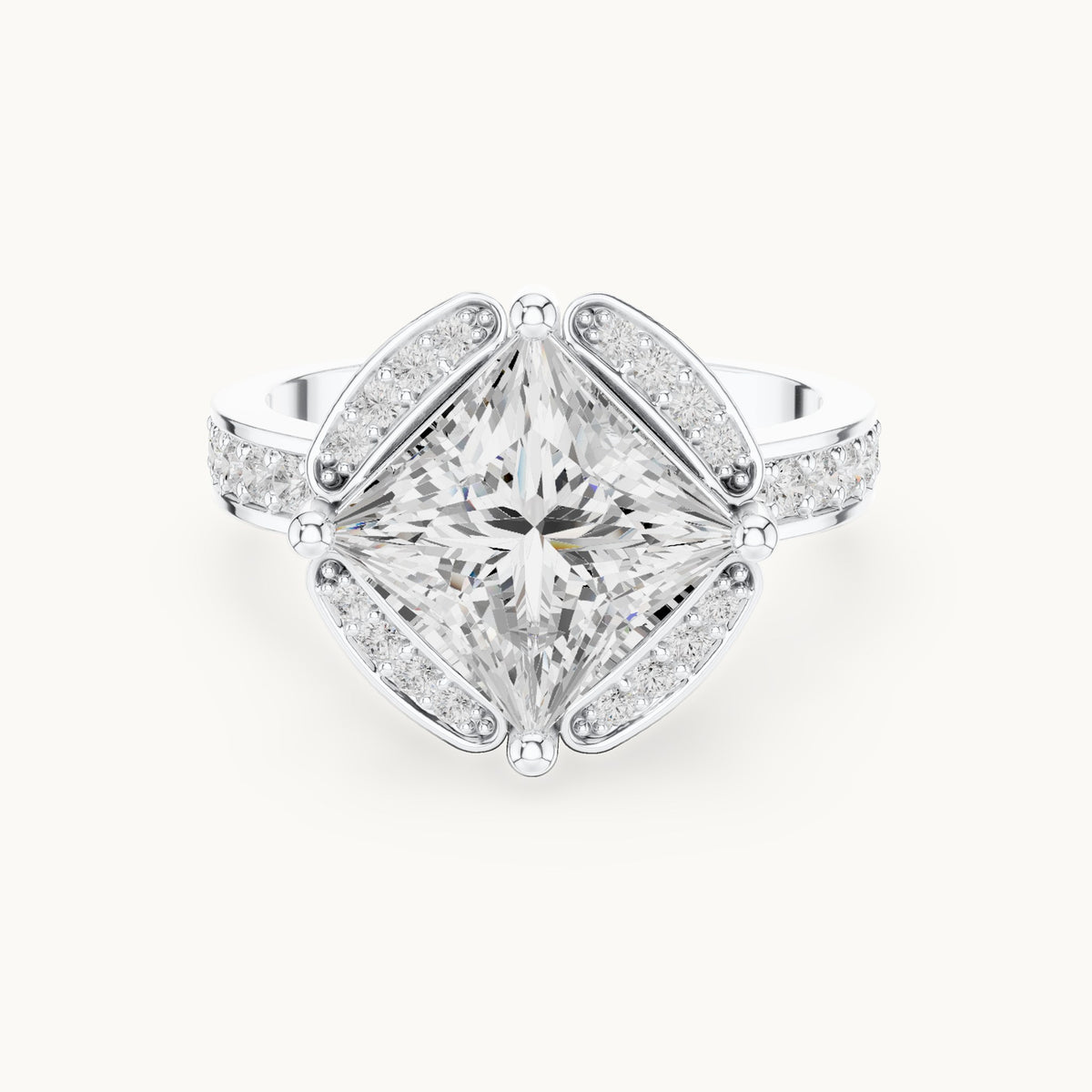 Princess-cut lab-grown diamond kite-set halo engagement ring with pavé band in white gold, 2.40 CT TW, view 4