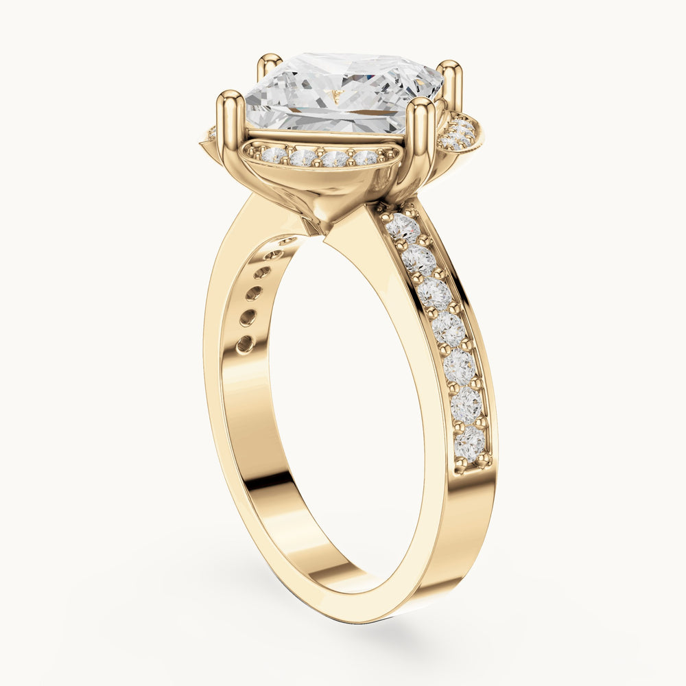 Princess-cut lab-grown diamond kite-set halo engagement ring with pavé band in yellow gold, 2.40 CT TW, view 1