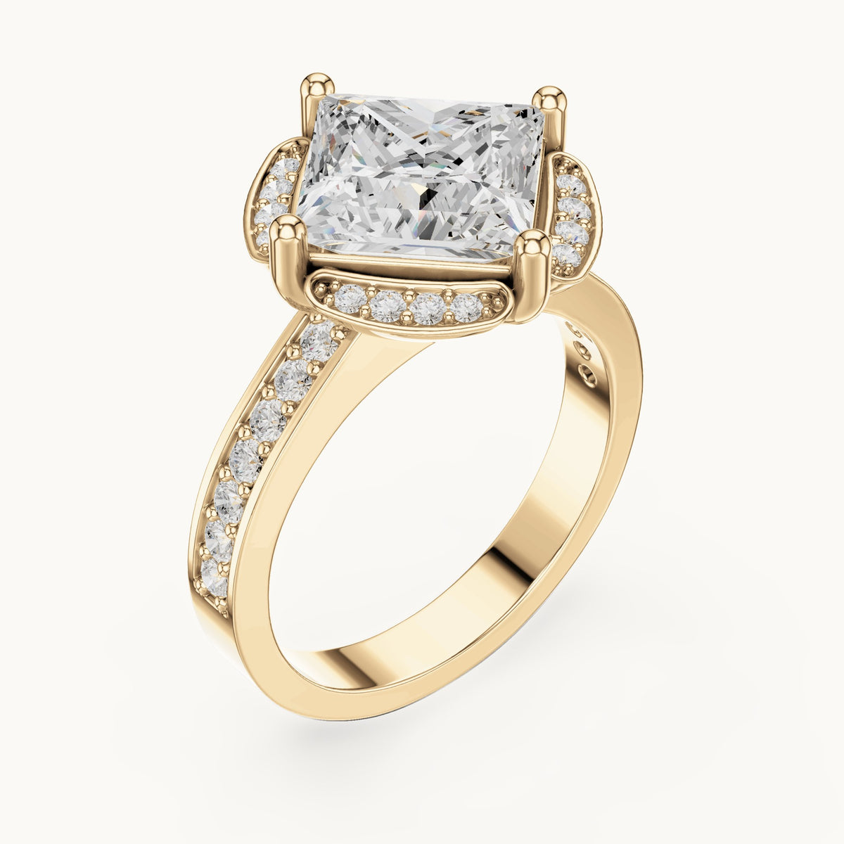 Princess-cut lab-grown diamond kite-set halo engagement ring with pavé band in yellow gold, 2.40 CT TW, view 2