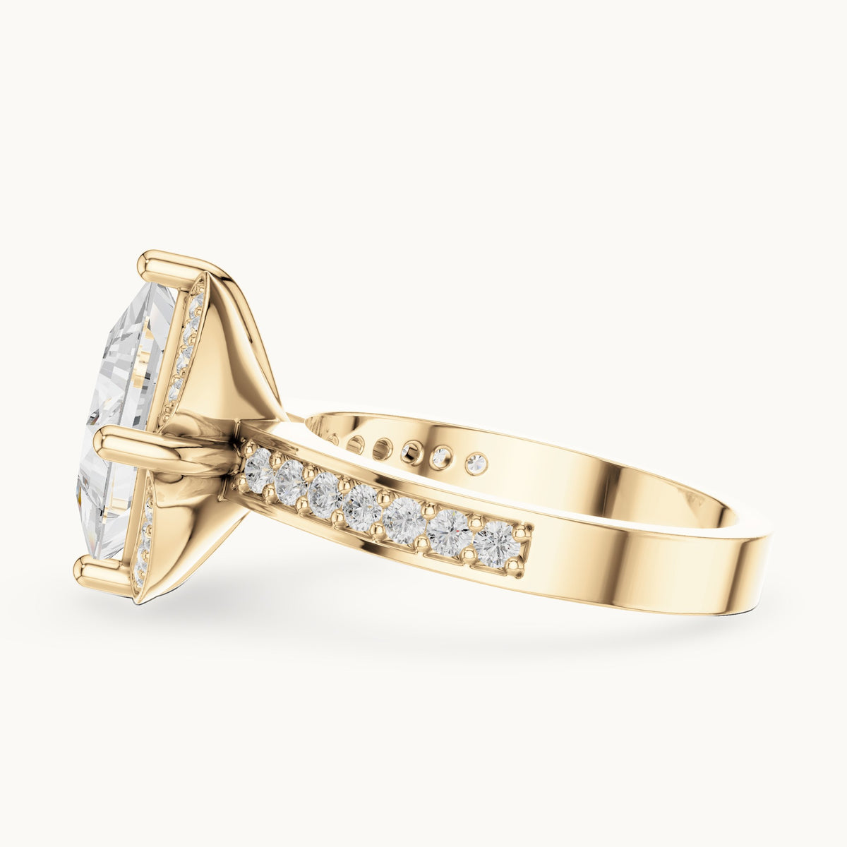 Princess-cut lab-grown diamond kite-set halo engagement ring with pavé band in yellow gold, 2.40 CT TW, view 3