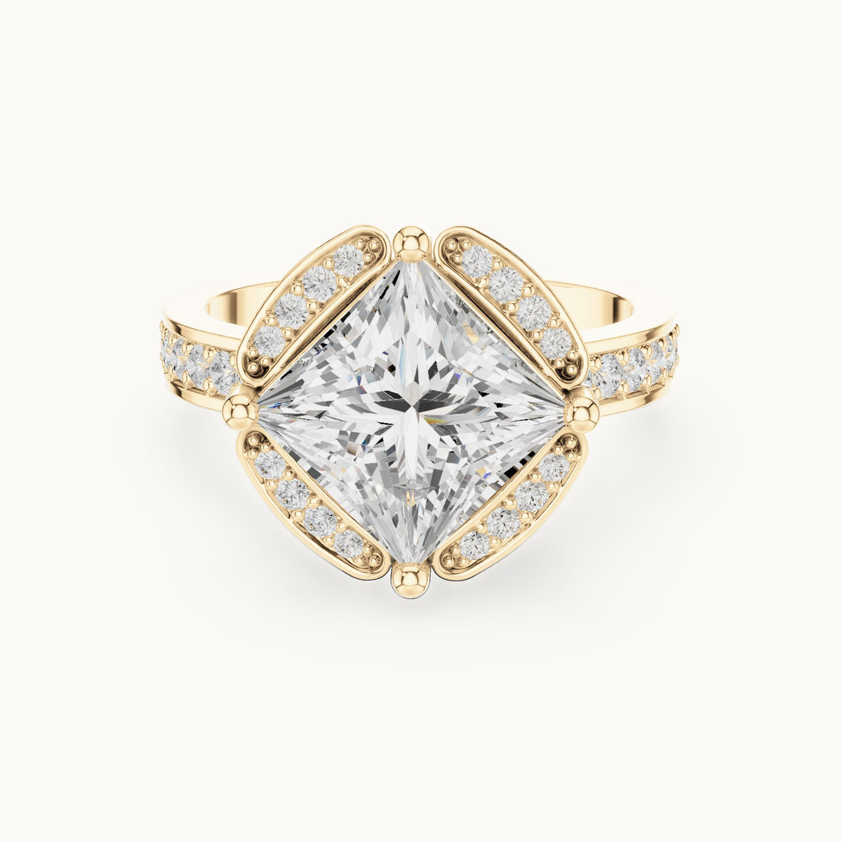 Princess-cut lab-grown diamond kite-set halo engagement ring with pavé band in yellow gold, 2.40 CT TW, view 4