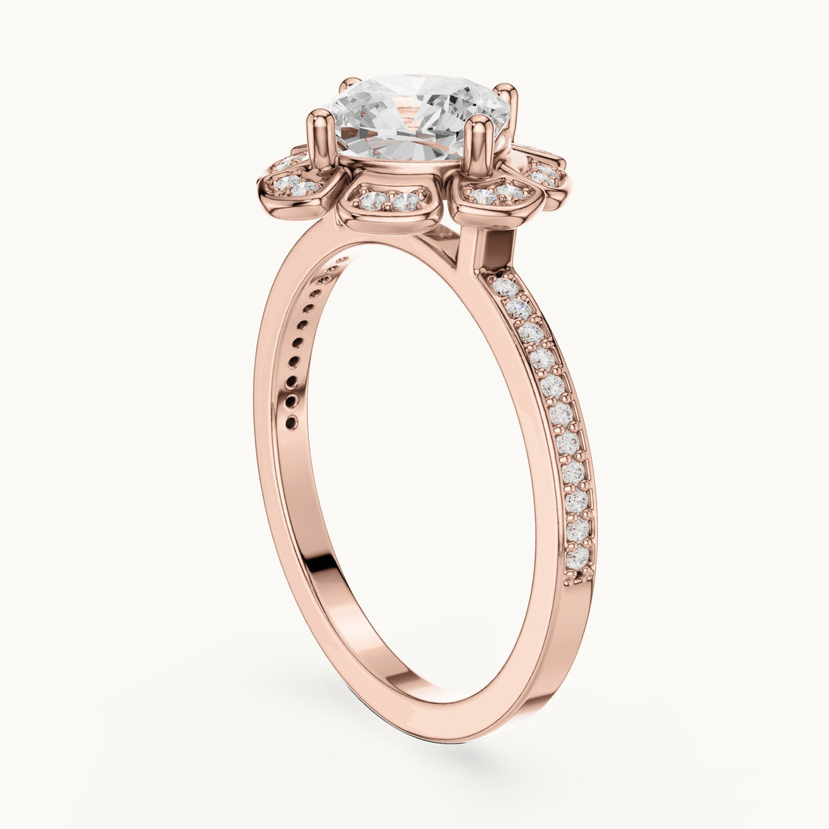 Round lab-grown diamond floral halo engagement ring in rose gold, 1.67 CT TW, view 1