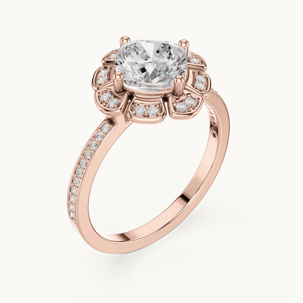 Round lab-grown diamond floral halo engagement ring in rose gold, 1.67 CT TW, view 2