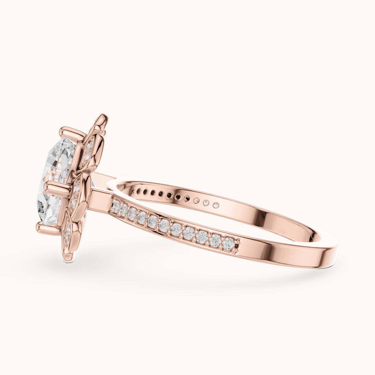 Round lab-grown diamond floral halo engagement ring in rose gold, 1.67 CT TW, view 3