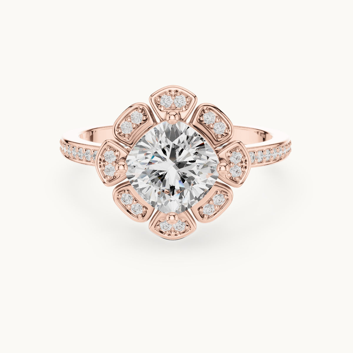 Round lab-grown diamond floral halo engagement ring in rose gold, 1.67 CT TW, view 4