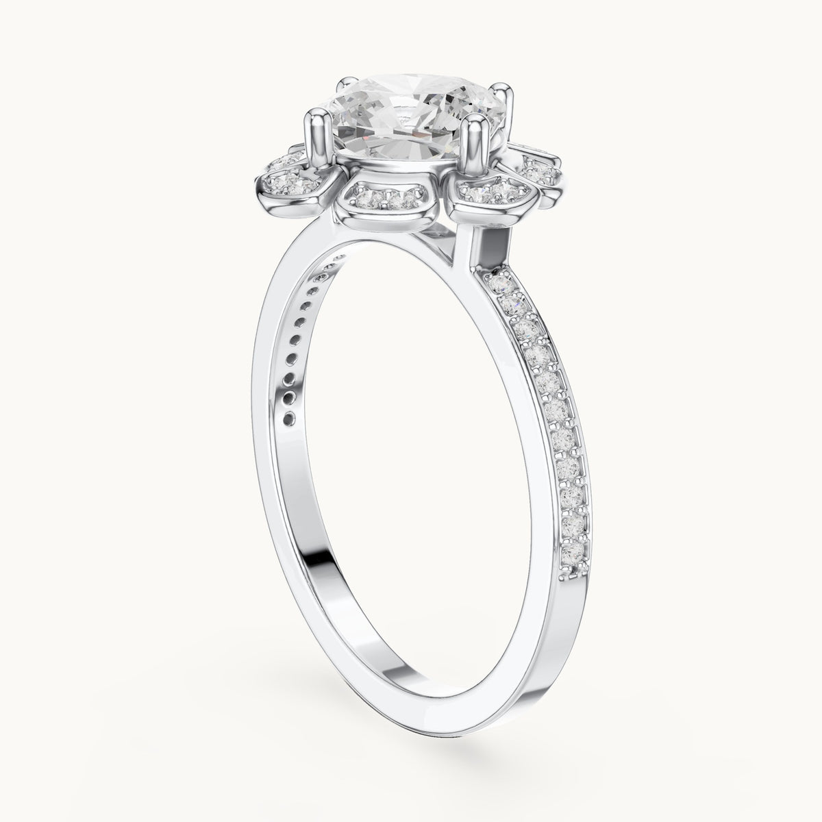 Round lab-grown diamond floral halo engagement ring in white gold, 1.67 CT TW, view 1