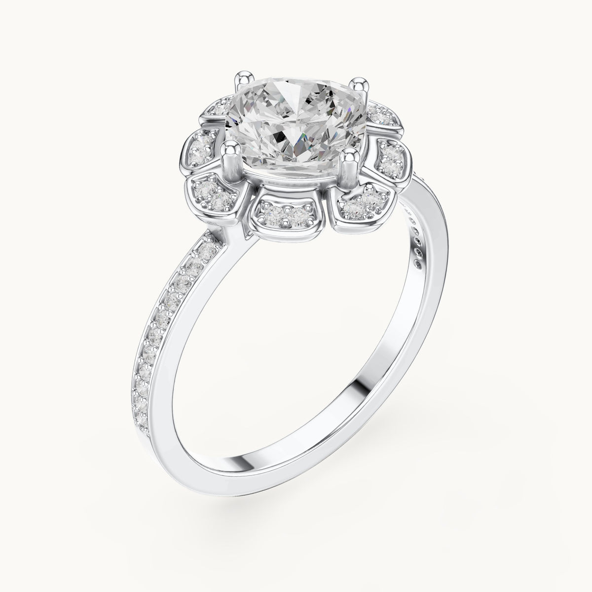 Round lab-grown diamond floral halo engagement ring in white gold, 1.67 CT TW, view 2