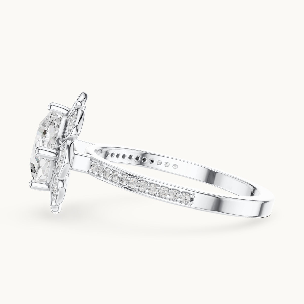 Round lab-grown diamond floral halo engagement ring in white gold, 1.67 CT TW, view 3