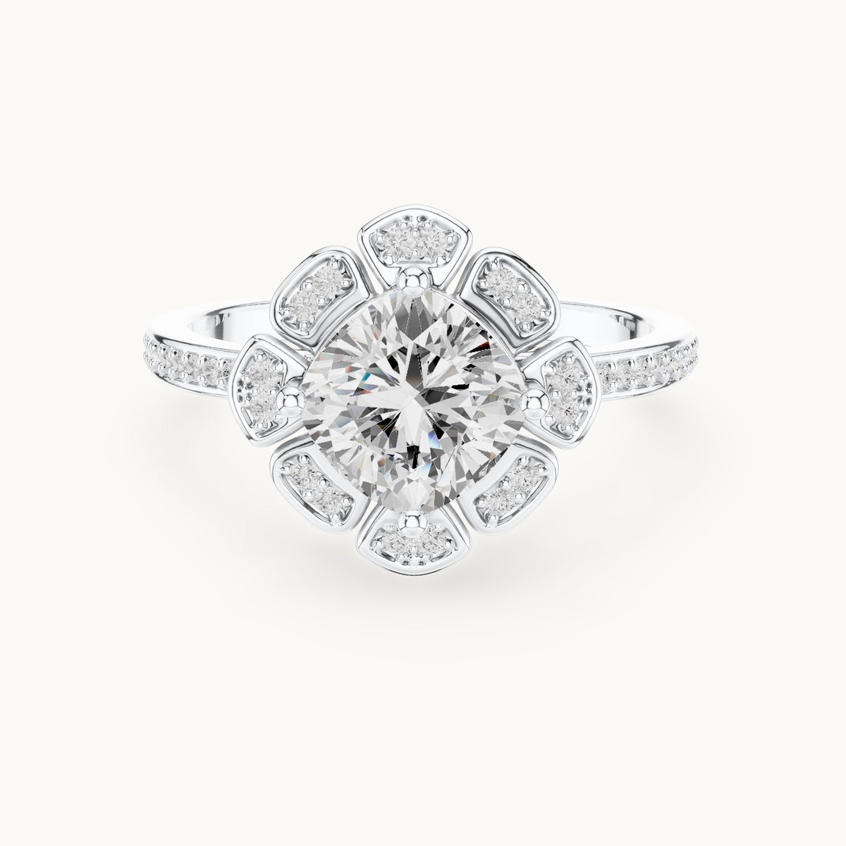 Round lab-grown diamond floral halo engagement ring in white gold, 1.67 CT TW, view 4