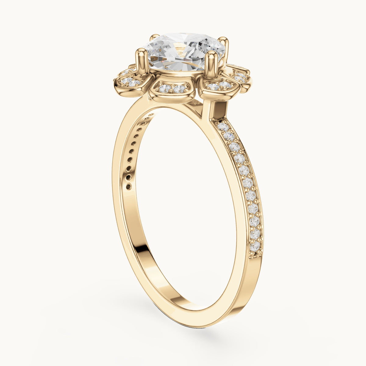 Round lab-grown diamond floral halo engagement ring in yellow gold, 1.67 CT TW, view 1