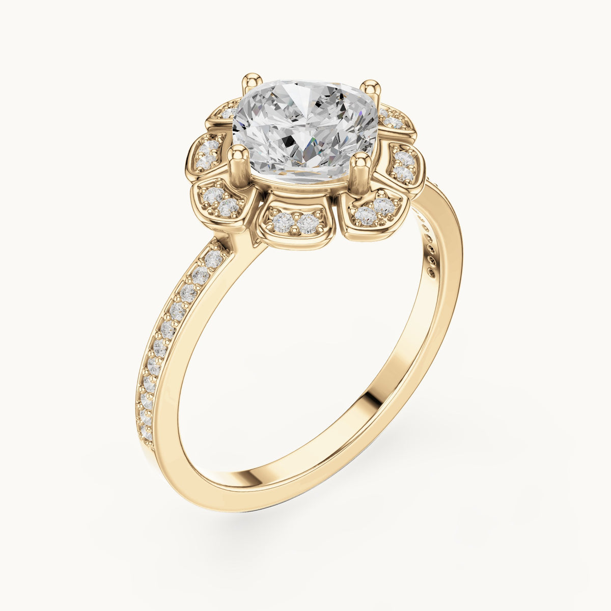 Round lab-grown diamond floral halo engagement ring in yellow gold, 1.67 CT TW, view 2