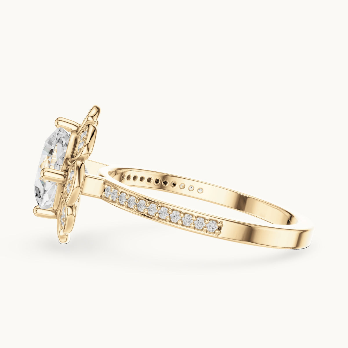 Round lab-grown diamond floral halo engagement ring in yellow gold, 1.67 CT TW, view 3