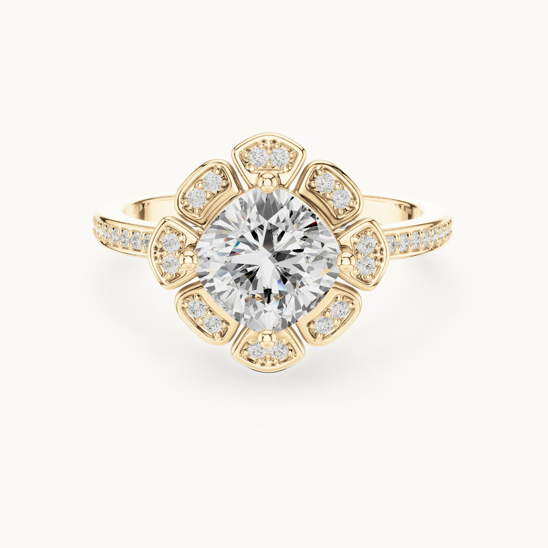 Round lab-grown diamond floral halo engagement ring in yellow gold, 1.67 CT TW, view 4