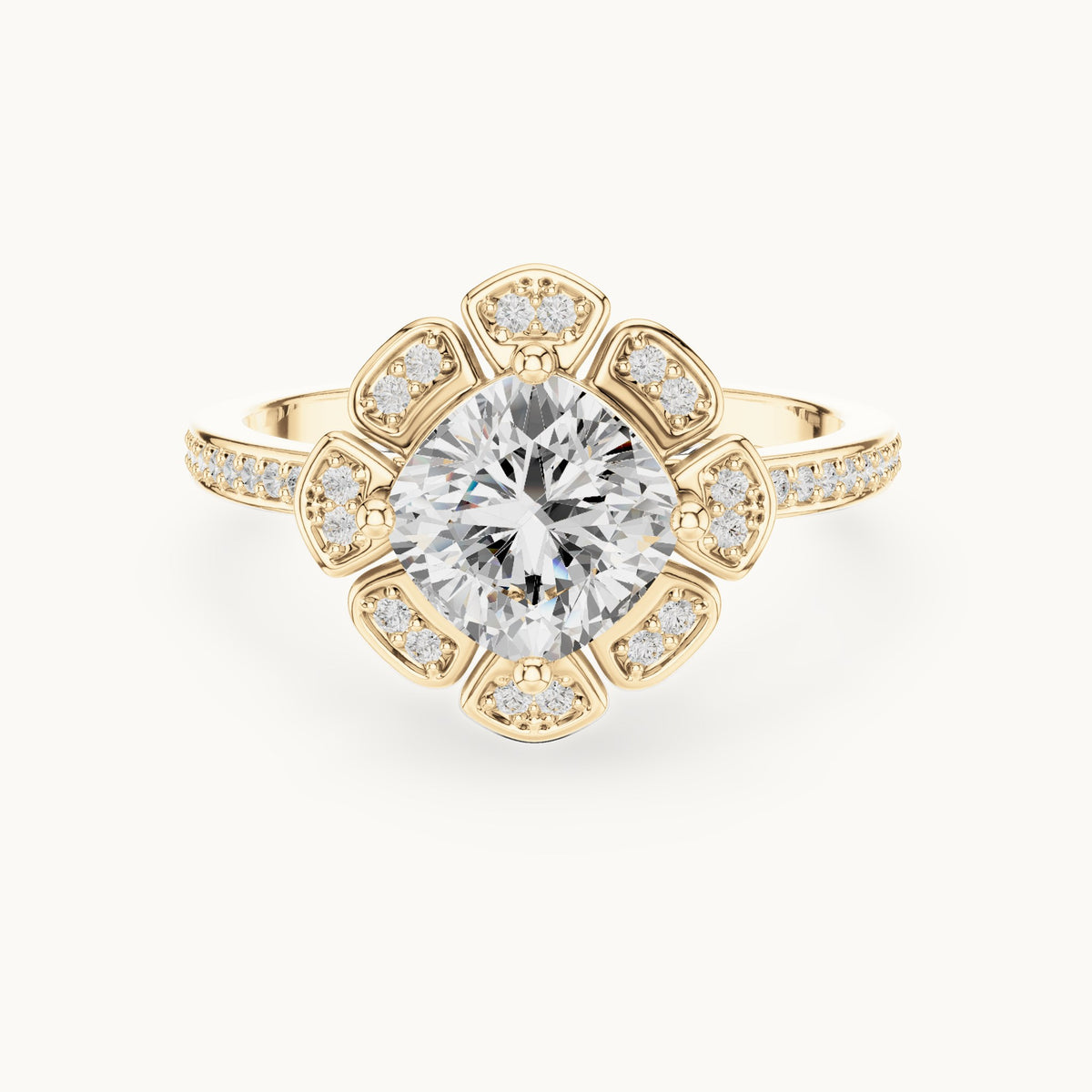 Round lab-grown diamond floral halo engagement ring in yellow gold, 1.67 CT TW, view 4