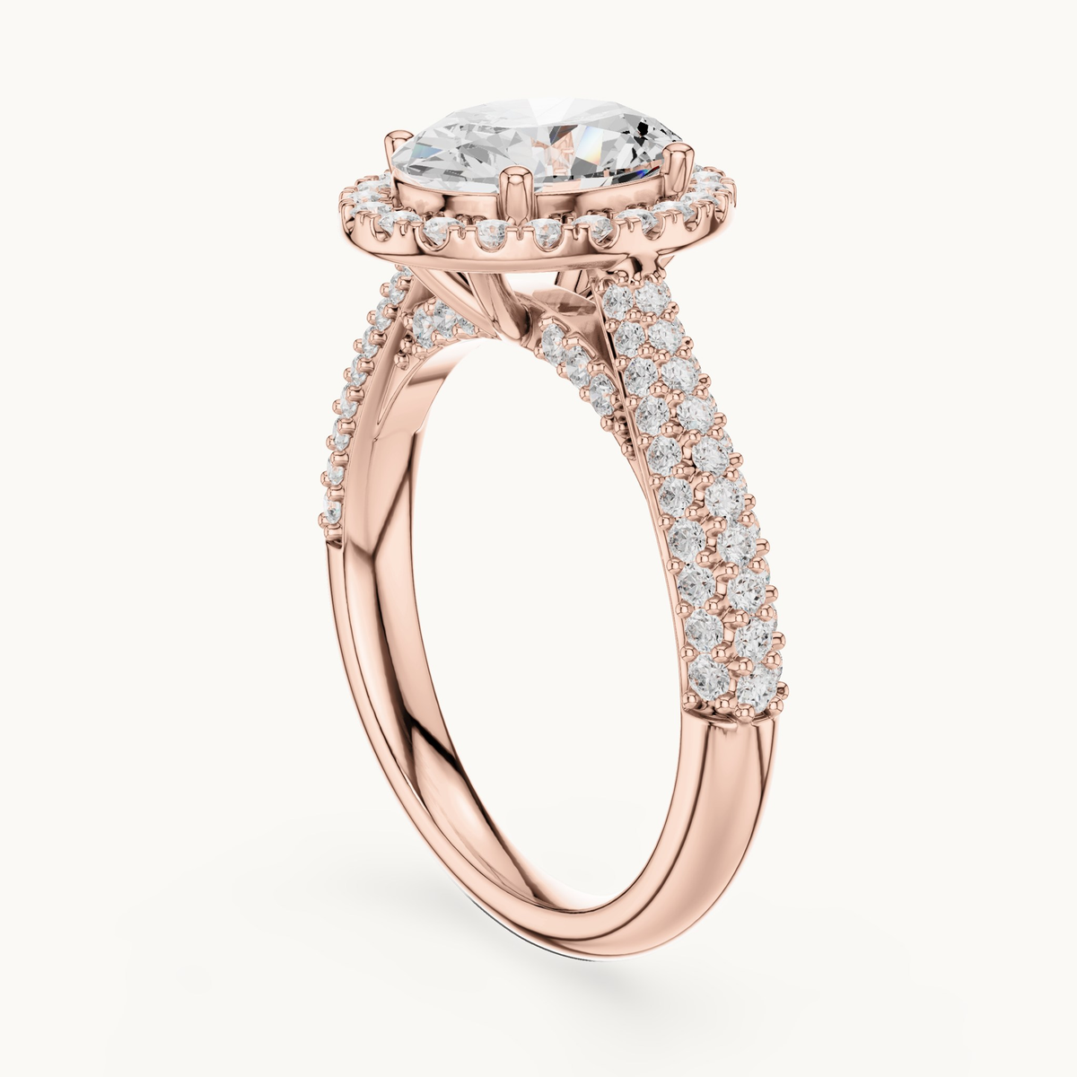 Oval lab-grown diamond halo engagement ring in 14K rose gold, 2.38 CT TW, view 1