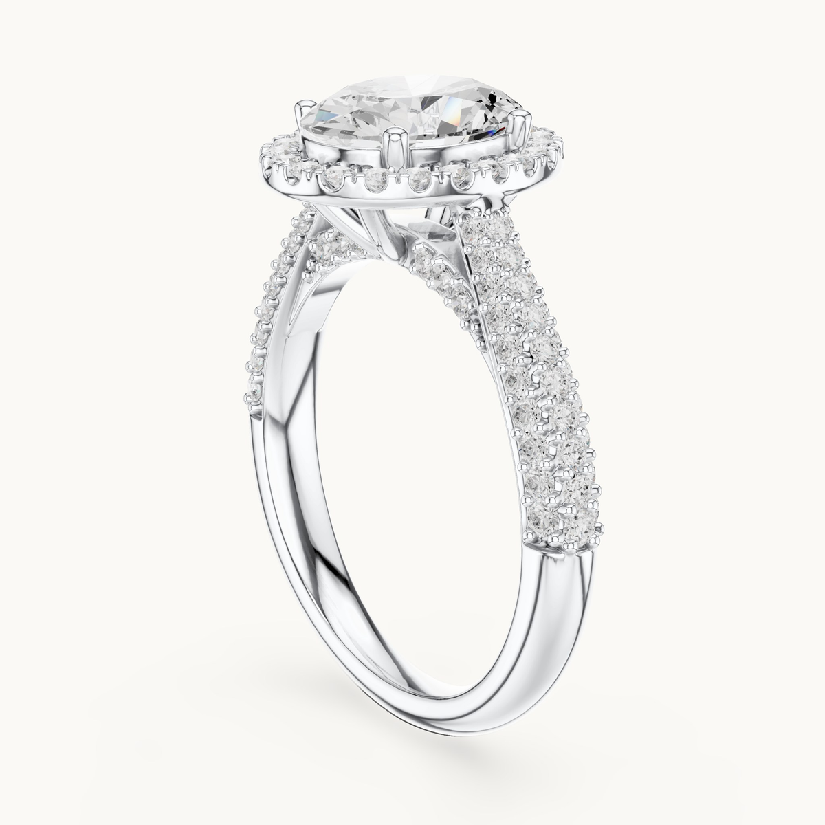 Oval lab-grown diamond halo engagement ring in 14K white gold, 2.38 CT TW, view 1