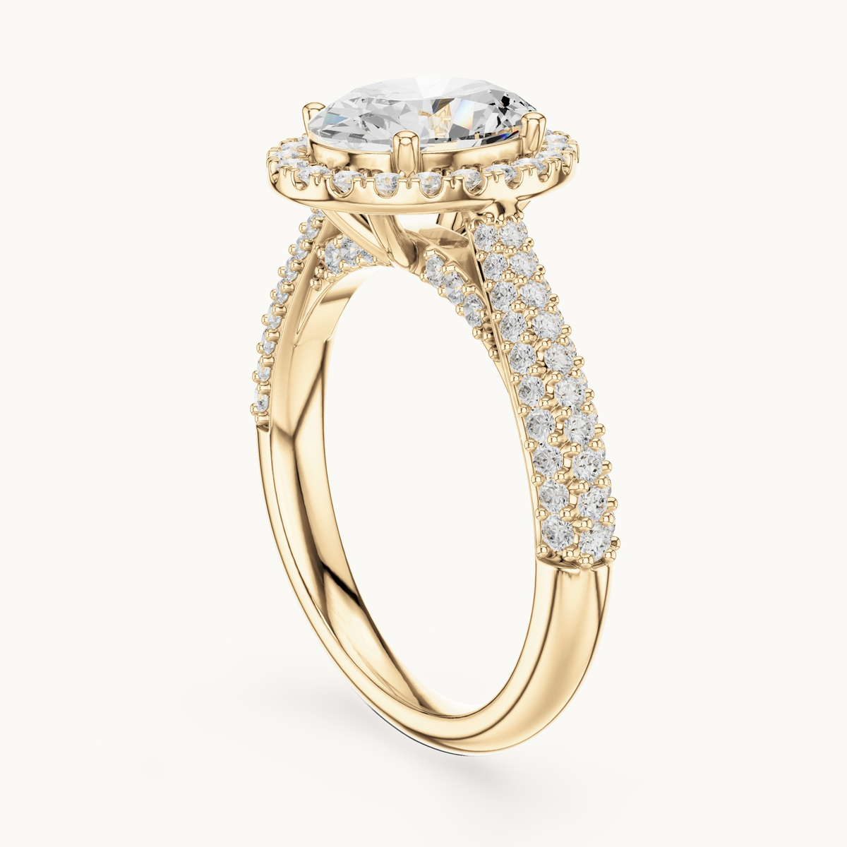 Oval lab-grown diamond halo engagement ring in 14K yellow gold, 2.38 CT TW, view 1