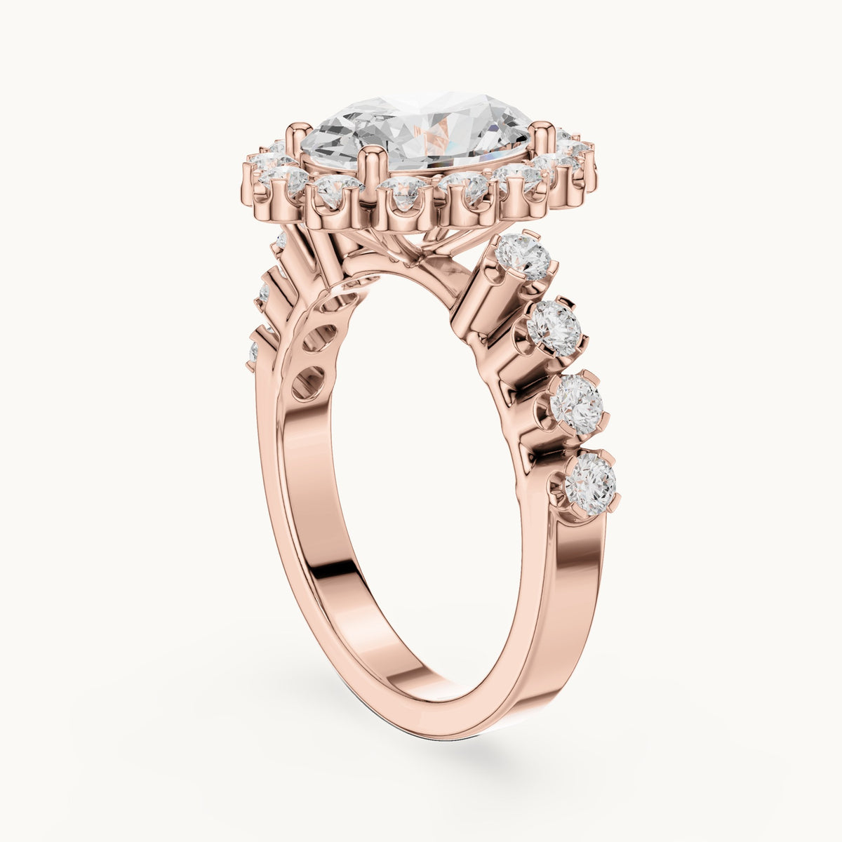 Oval lab-grown diamond cluster halo engagement ring in rose gold, 2.97 CT TW, view 1