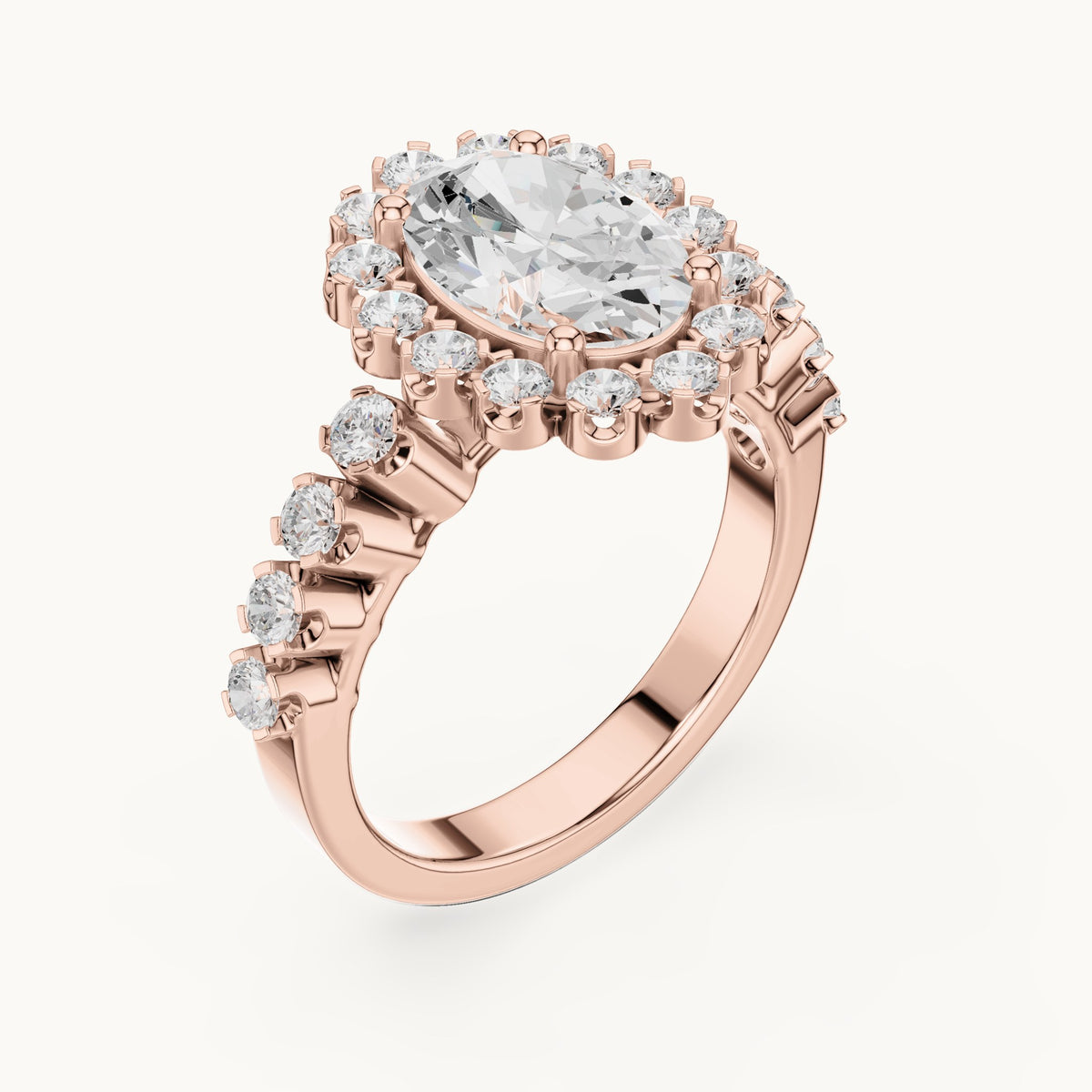 Oval lab-grown diamond cluster halo engagement ring in rose gold, 2.97 CT TW, view 2