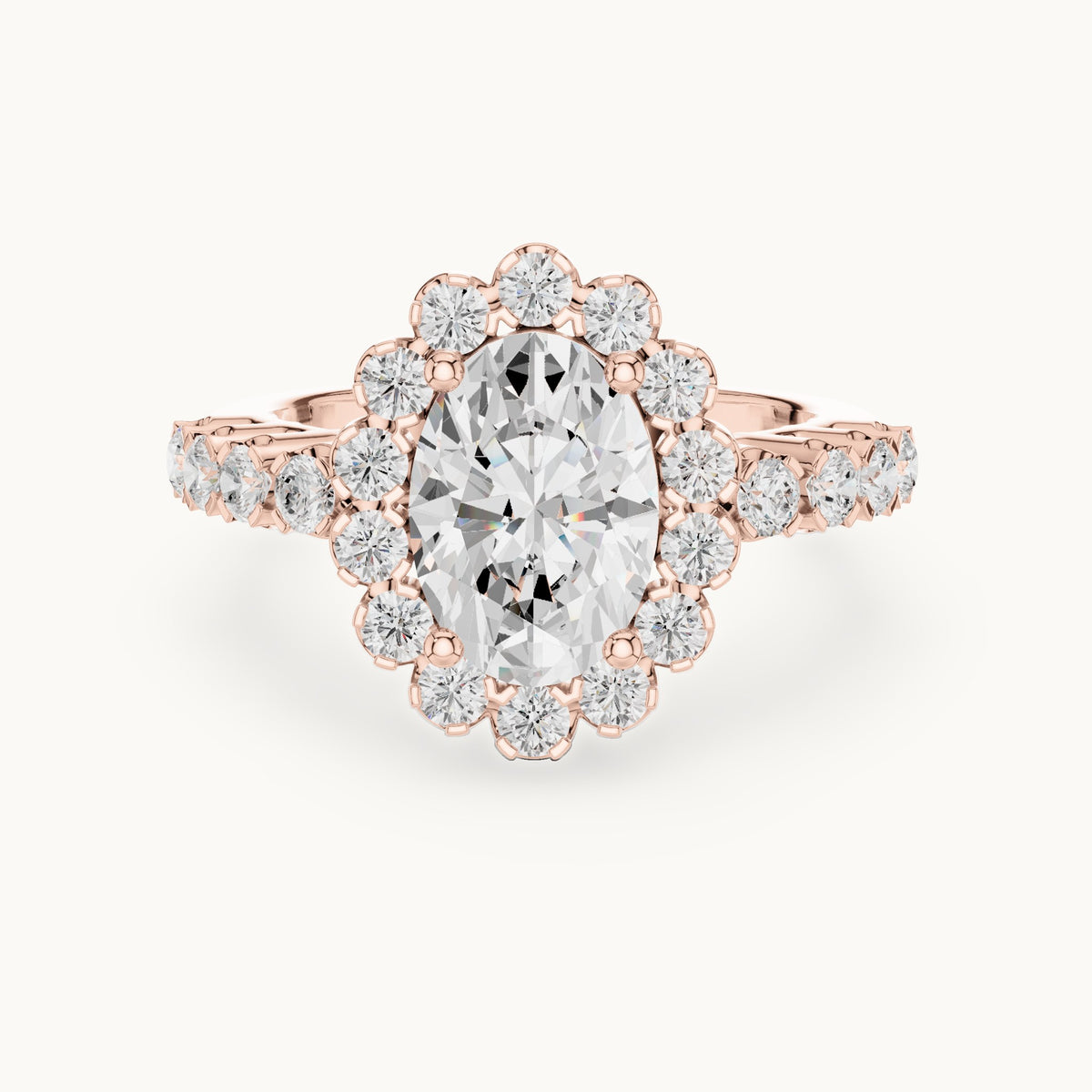 Oval lab-grown diamond cluster halo engagement ring in rose gold, 2.97 CT TW, view 4