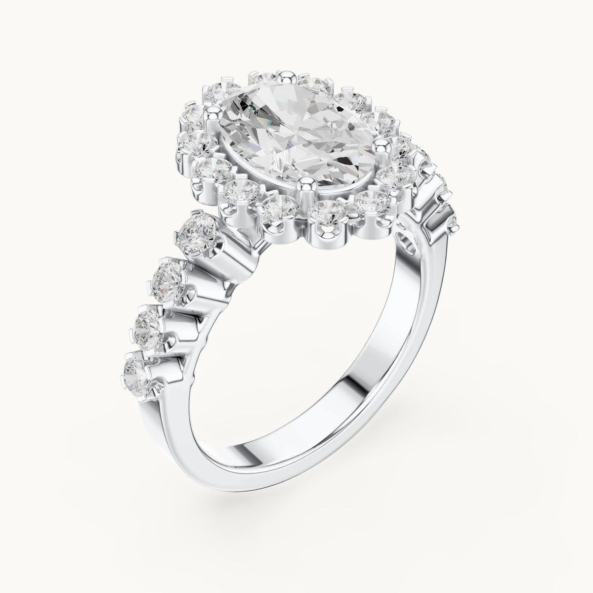 Oval lab-grown diamond cluster halo engagement ring in white gold, 2.97 CT TW, view 2