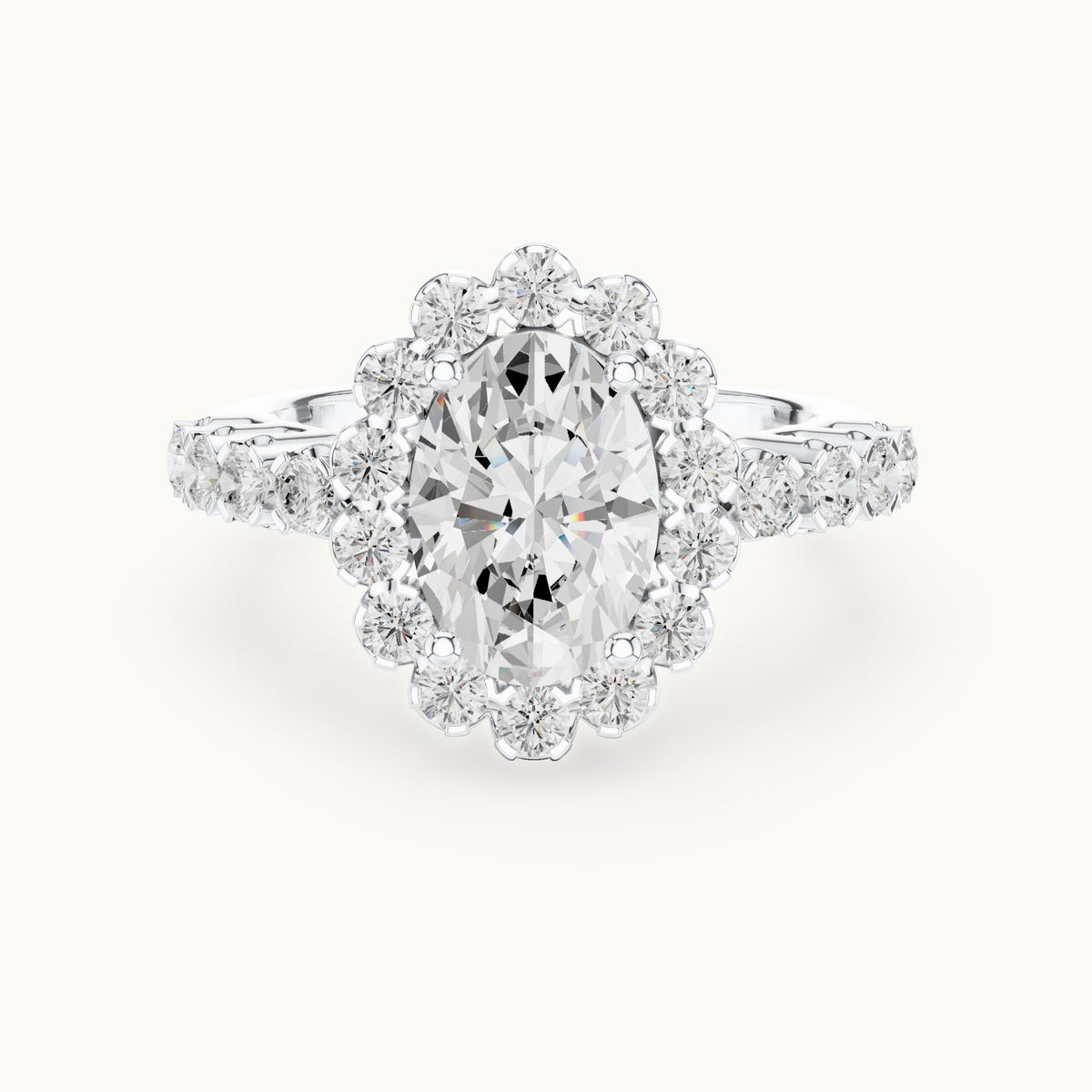Oval lab-grown diamond cluster halo engagement ring in white gold, 2.97 CT TW, view 4