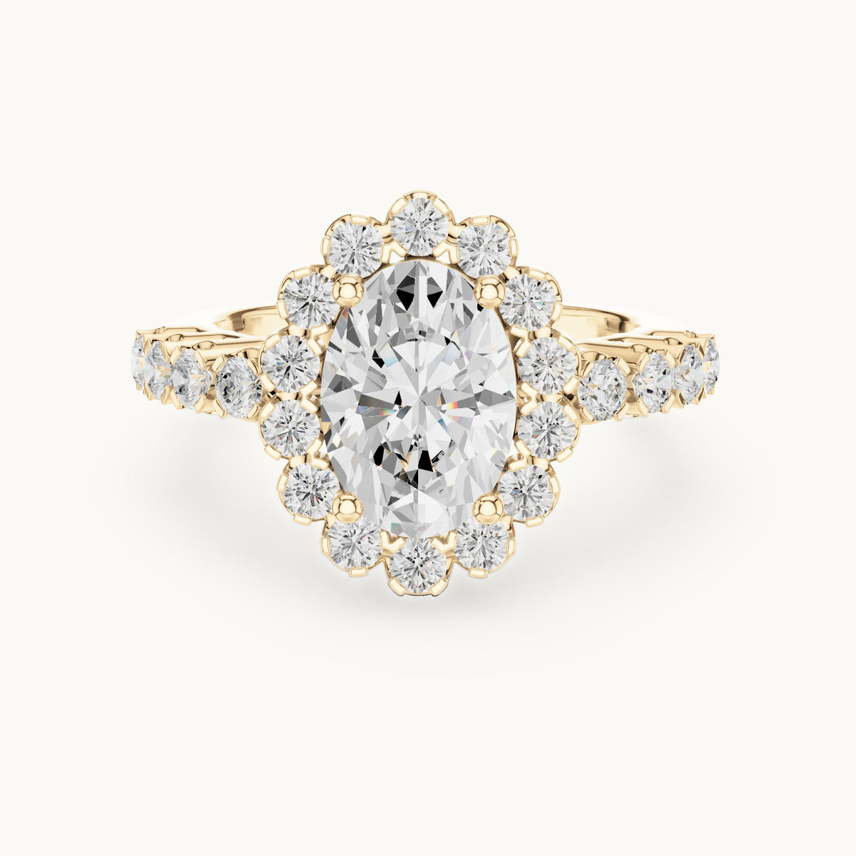 Oval lab-grown diamond cluster halo engagement ring in yellow gold, 2.97 CT TW, view 4