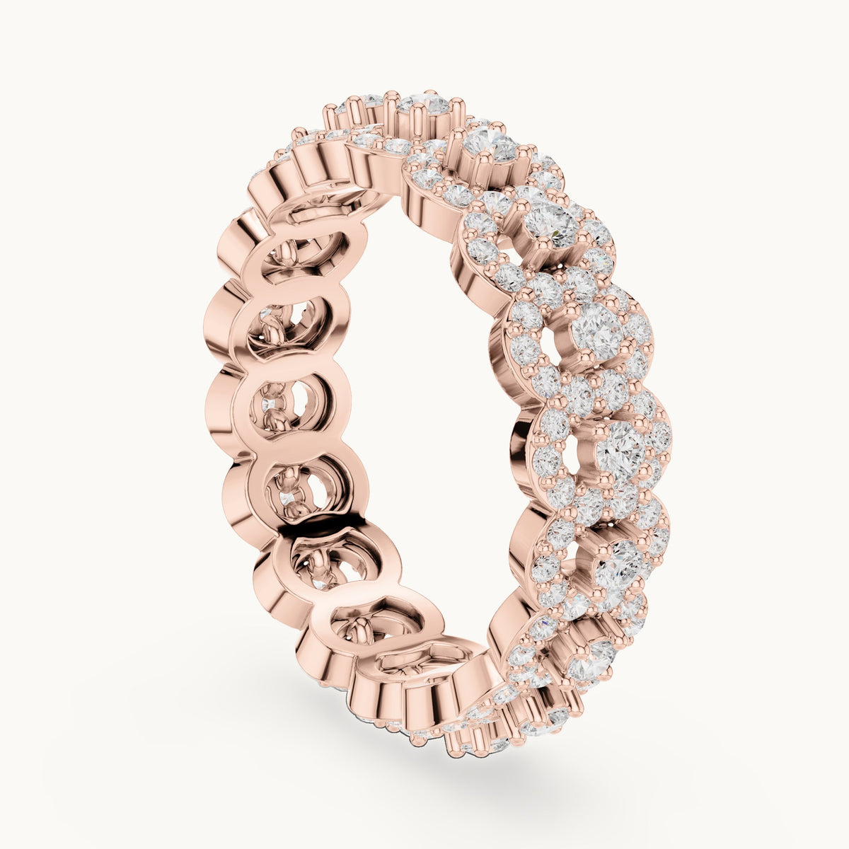 Round lab-grown diamond halo cluster full eternity band in rose gold, 1.188 CT TW, view 1