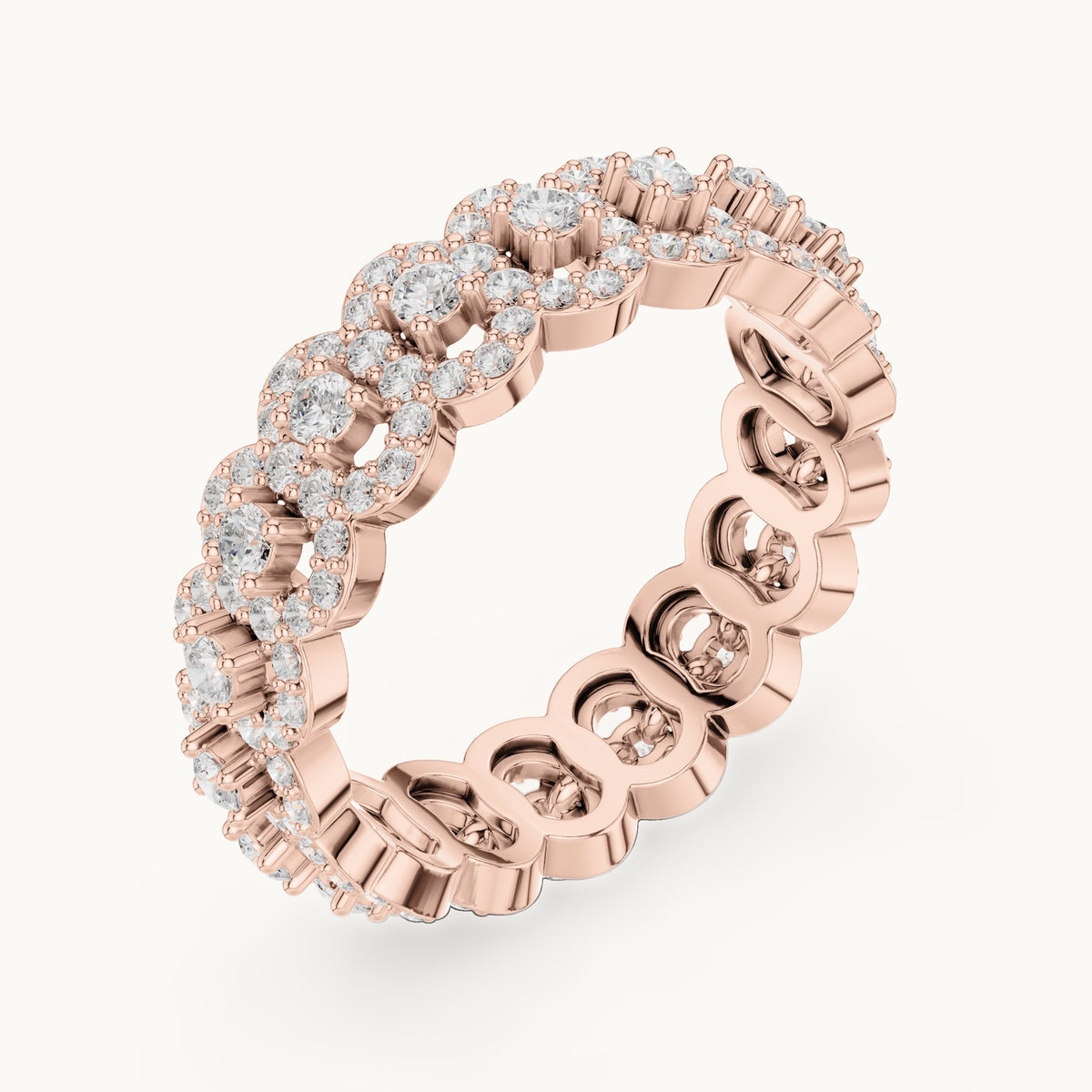 Round lab-grown diamond halo cluster full eternity band in rose gold, 1.188 CT TW, view 2