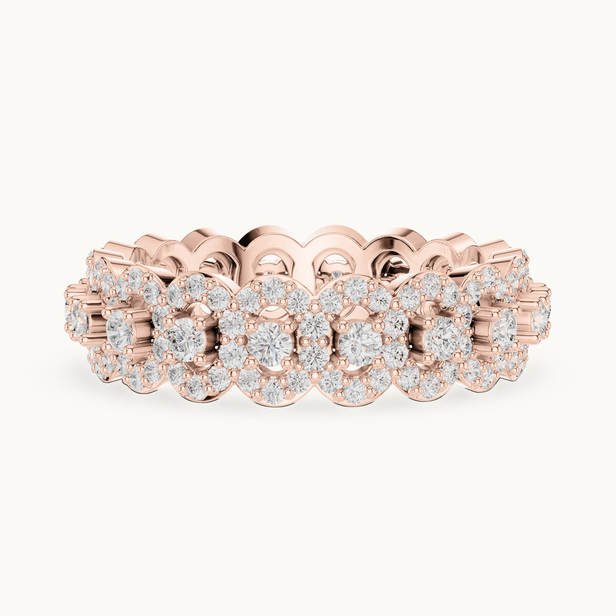 Round lab-grown diamond halo cluster full eternity band in rose gold, 1.188 CT TW, view 3