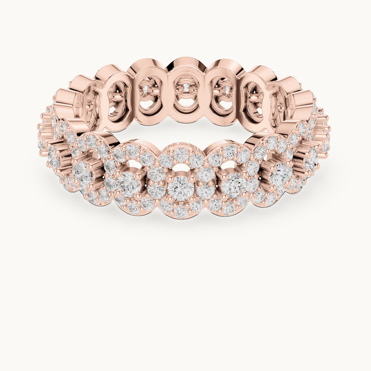 Round lab-grown diamond halo cluster full eternity band in rose gold, 1.188 CT TW, view 4