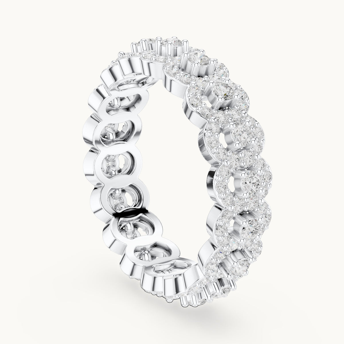 Round lab-grown diamond halo cluster full eternity band in white gold, 1.188 CT TW, view 1