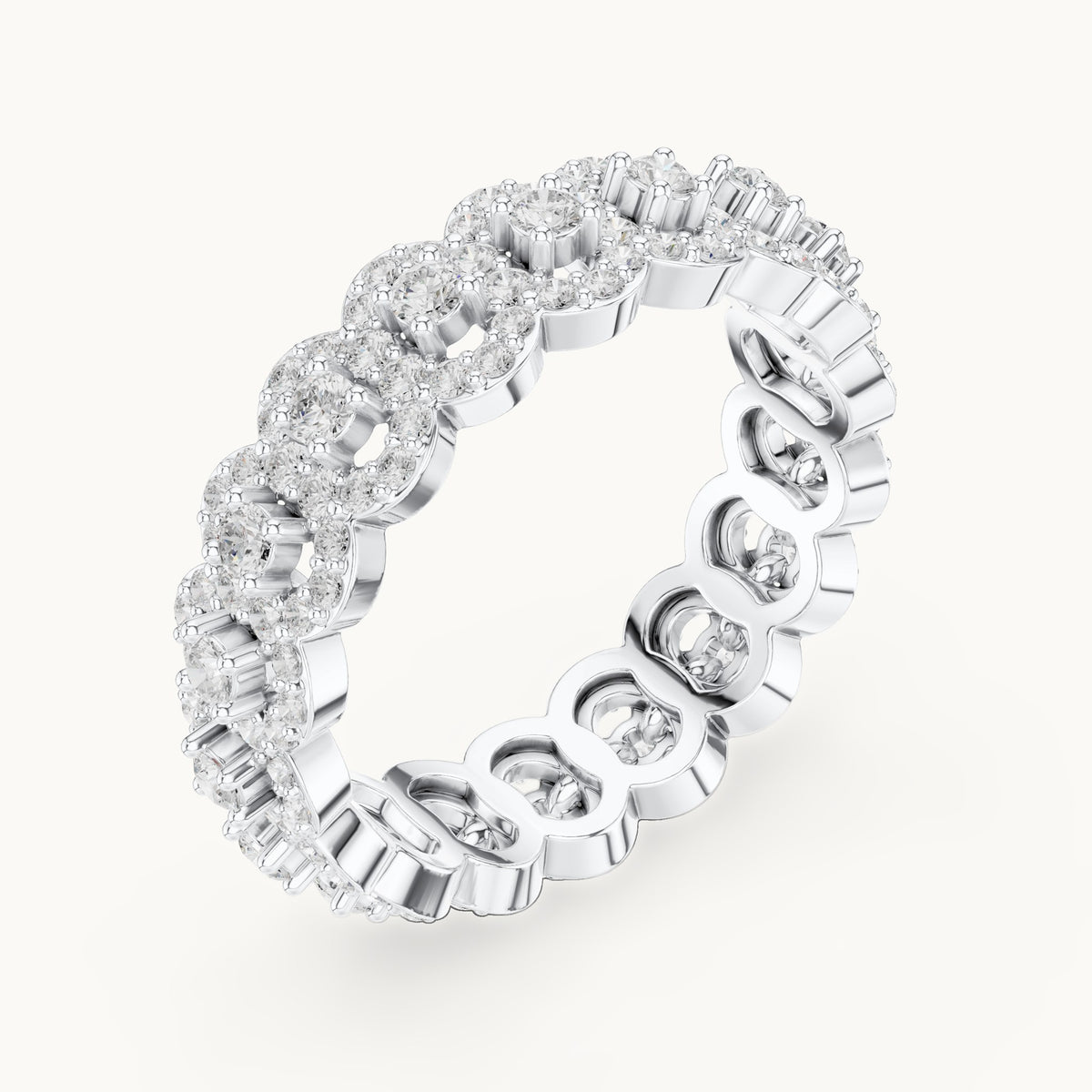Round lab-grown diamond halo cluster full eternity band in white gold, 1.188 CT TW, view 2
