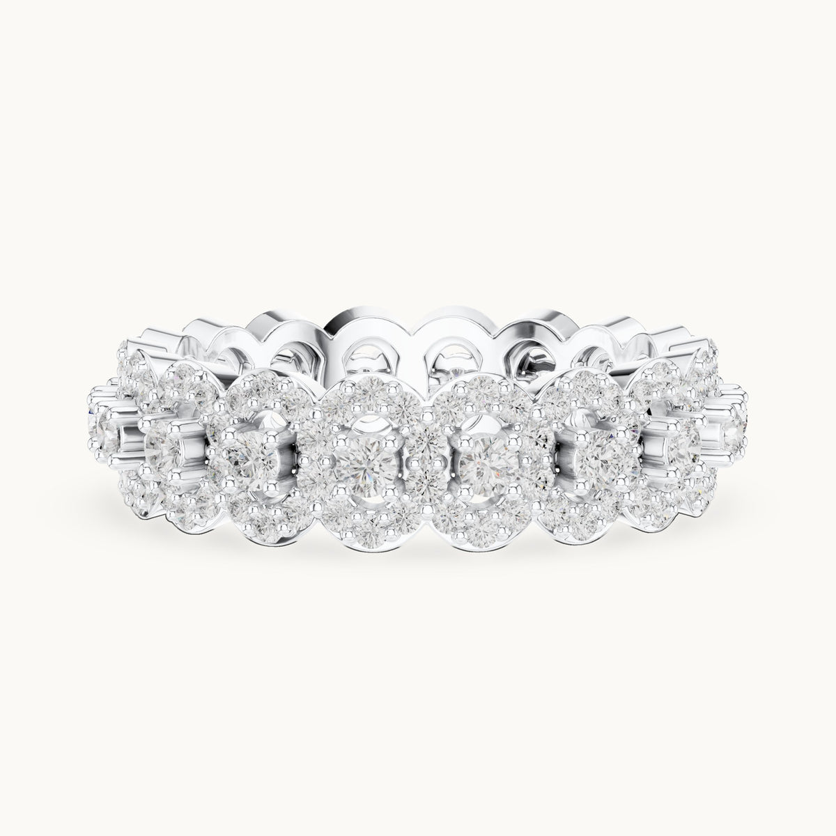 Round lab-grown diamond halo cluster full eternity band in white gold, 1.188 CT TW, view 3
