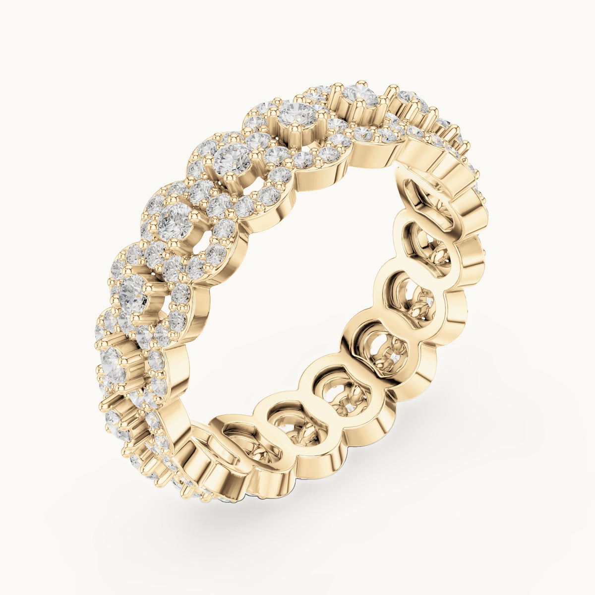 Round lab-grown diamond halo cluster full eternity band in yellow gold, 1.188 CT TW, view 2