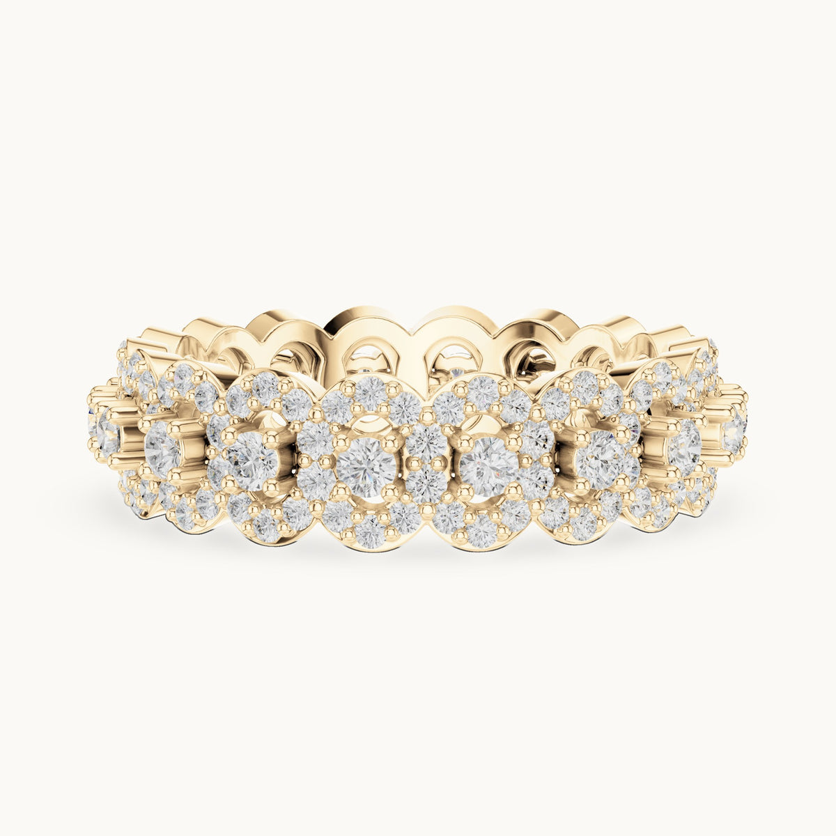 Round lab-grown diamond halo cluster full eternity band in yellow gold, 1.188 CT TW, view 3