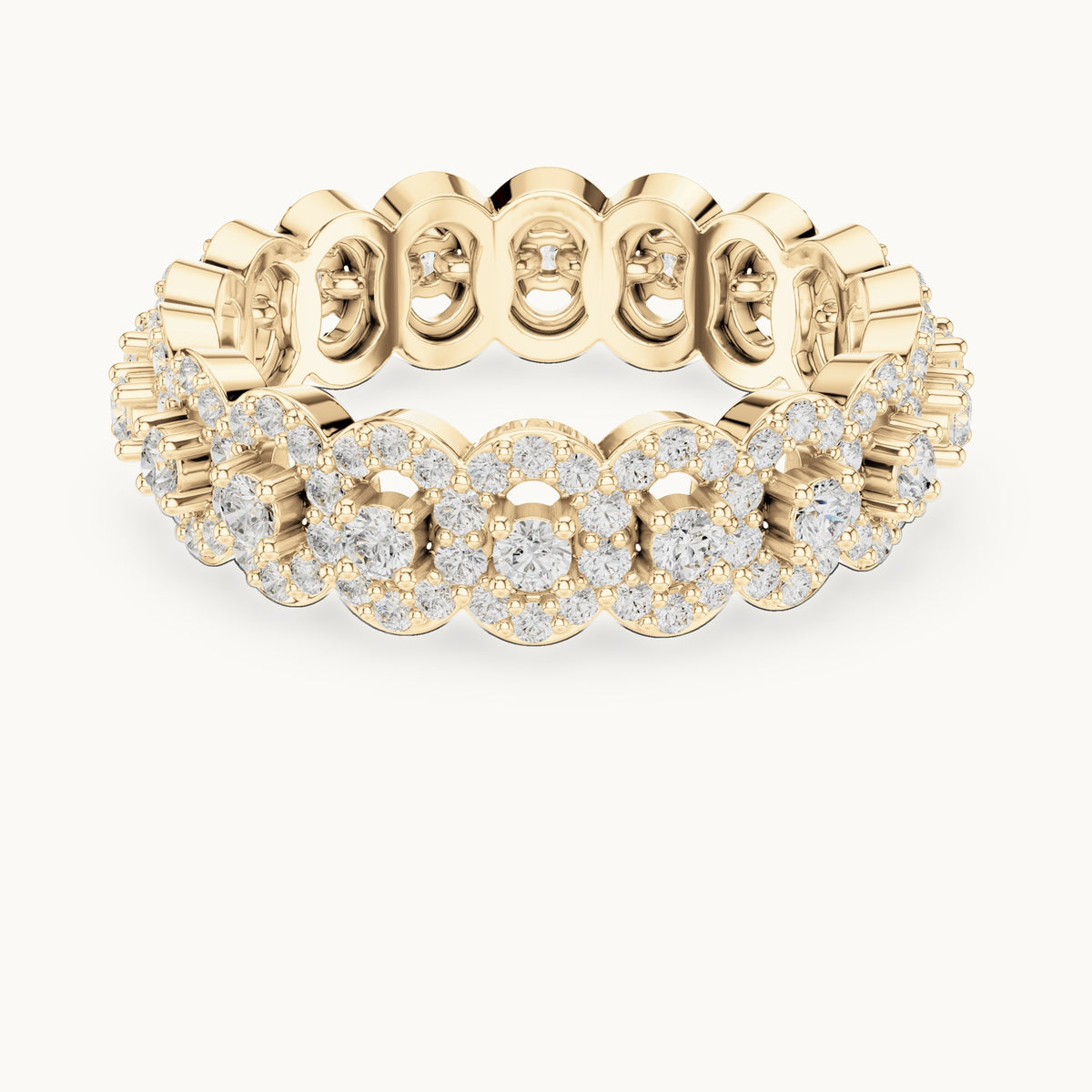 Round lab-grown diamond halo cluster full eternity band in yellow gold, 1.188 CT TW, view 4